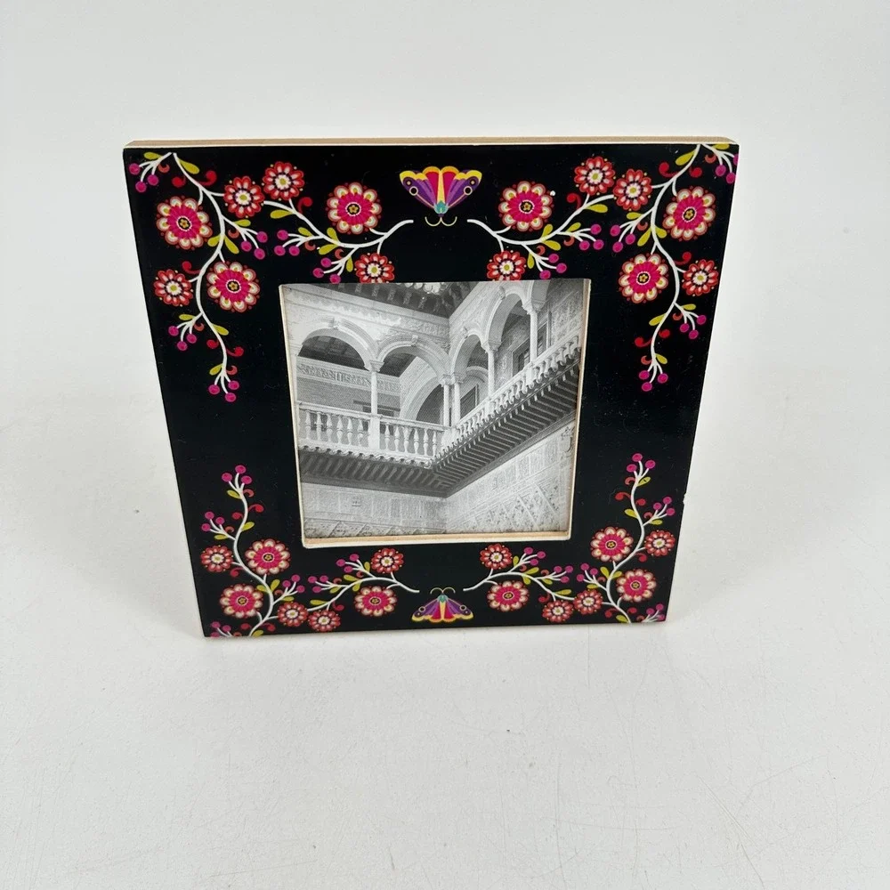 World Market Floral Butterfly Wood Picture Frame Black Pink Folk Art 6.5x6.5